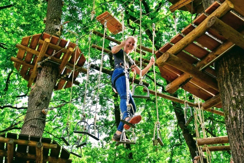Bezoeker klimt door een touwenparcours tussen de boomtoppen in een klimpark bij Veenhuizen