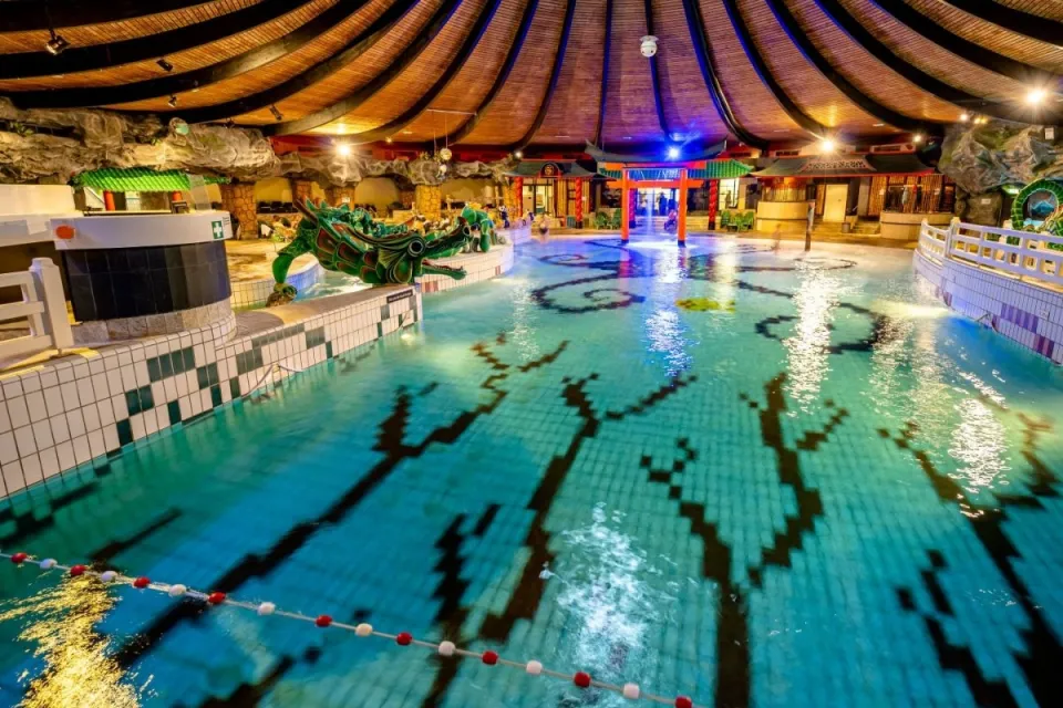 Subtropisch zwembad met glijbanen en golfslagbad onder een houten koepel in De Bonte Wever in Assen