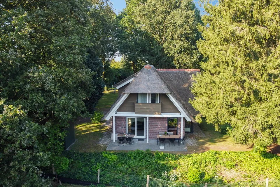 Luchtfoto van Villa Kraanvogel 123 met rieten dak, terras en tuin tussen de bomen