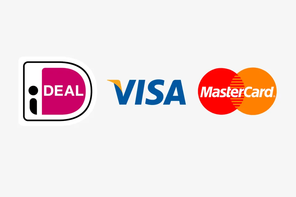Logos van de betaalmethodes iDEAL, Visa en Mastercard op de website van vakantiepark Drentse Vennen