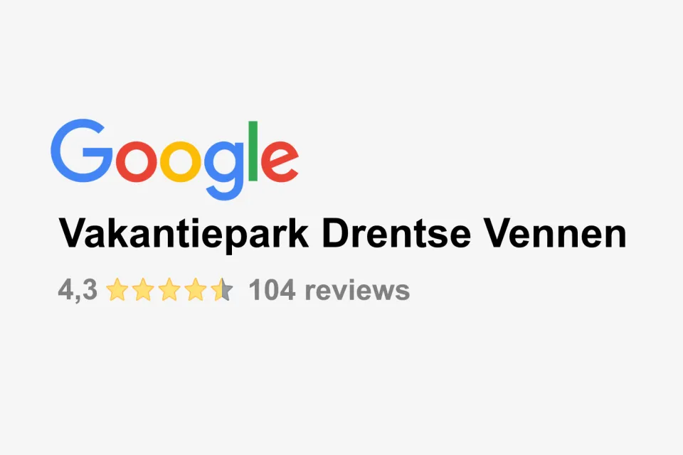 Google reviews weergave met de score 4,3 uit 104 beoordelingen voor vakantiepark Drentse Vennen