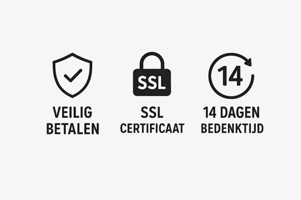 Drie iconen met de teksten veilig betalen, SSL certificaat en 14 dagen bedenktijd