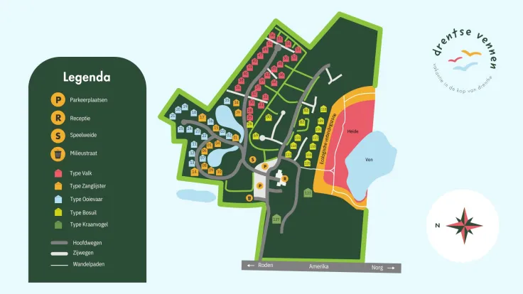 Plattegrond van vakantiepark Drentse Vennen met legenda, de ligging van de accommodatietypes en de faciliteiten